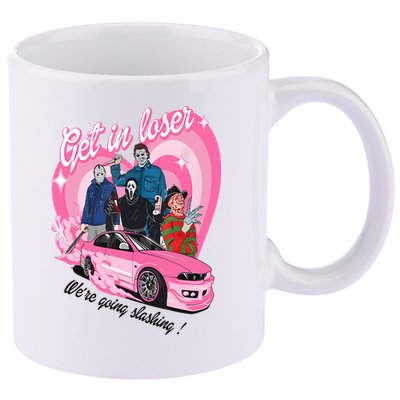 Get In Loser WeRe Going Slashing Pink Car Horror Character 11oz C Handle Ceramic Mug