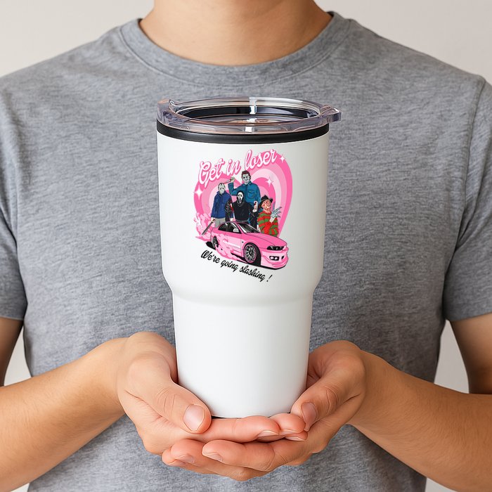 Get In Loser WeRe Going Slashing Pink Car Horror Character Tumbler