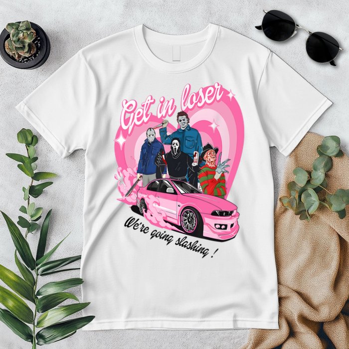 Get In Loser WeRe Going Slashing Pink Car Horror Character Premium T-Shirt