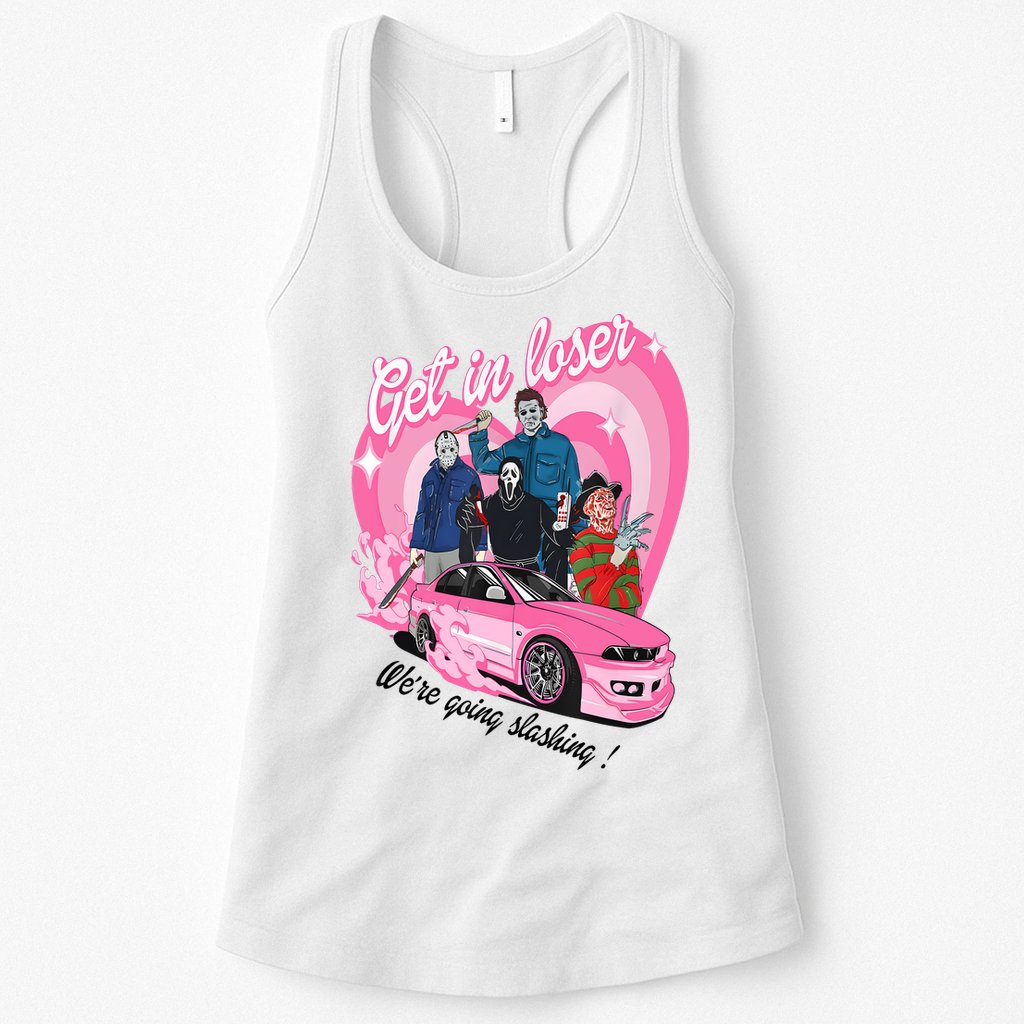 Get In Loser WeRe Going Slashing Pink Car Horror Character Womens Tank Top