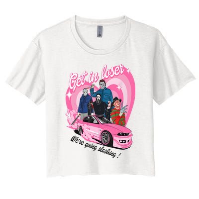 Get In Loser WeRe Going Slashing Pink Car Horror Character Women's Crop Top Tee