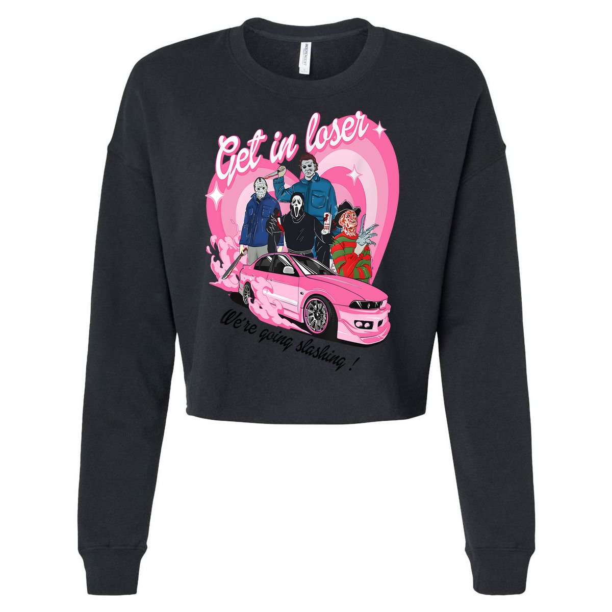Get In Loser WeRe Going Slashing Pink Car Horror Character Cropped Pullover Crew