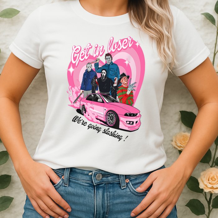 Get In Loser WeRe Going Slashing Pink Car Horror Character Womens T-Shirt