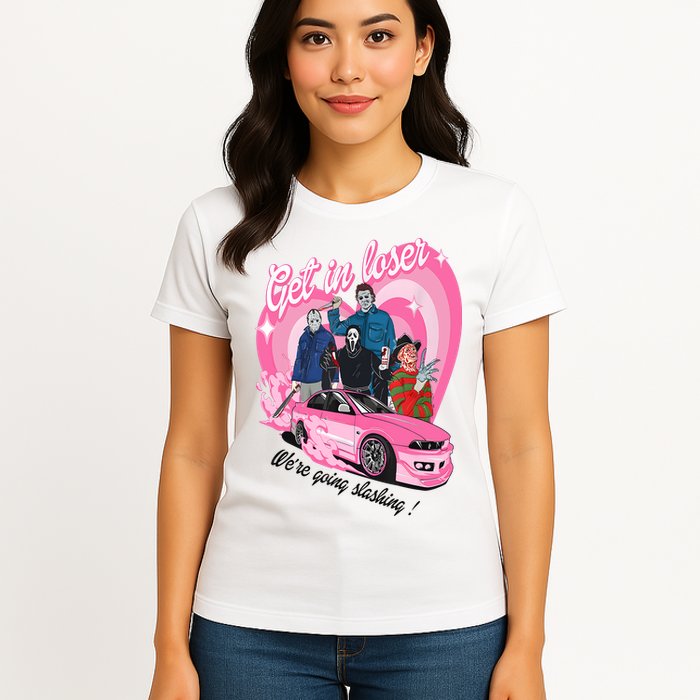 Get In Loser WeRe Going Slashing Pink Car Horror Character Womens T-Shirt