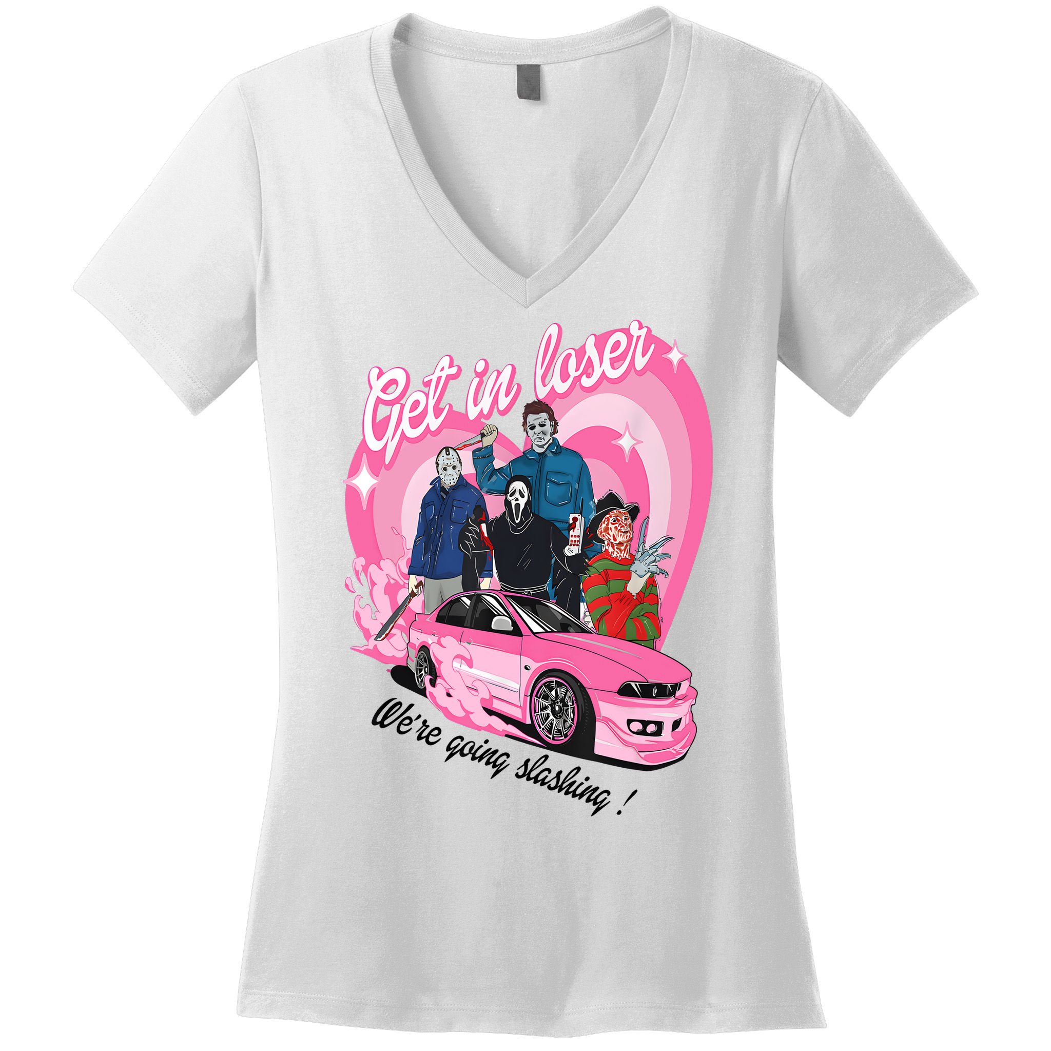 Get In Loser WeRe Going Slashing Pink Car Horror Character Women's V-Neck T-Shirt