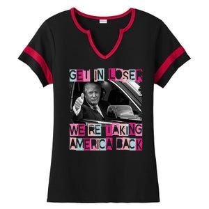 Get In Loser Were Taking America Back Funny Trump 2024 Ladies Halftime Notch Neck Tee