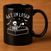 Get In Loser Skeleton In Coffin Spooky Halloween 11oz C Handle Ceramic Mug
