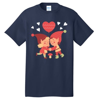 Gnomes In Love Holding Onto A Heart Balloon Happy Valentines Day Tall T-Shirt