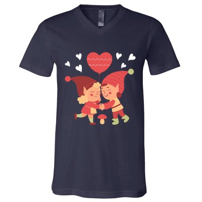 Gnomes In Love Holding Onto A Heart Balloon Happy Valentines Day V-Neck T-Shirt