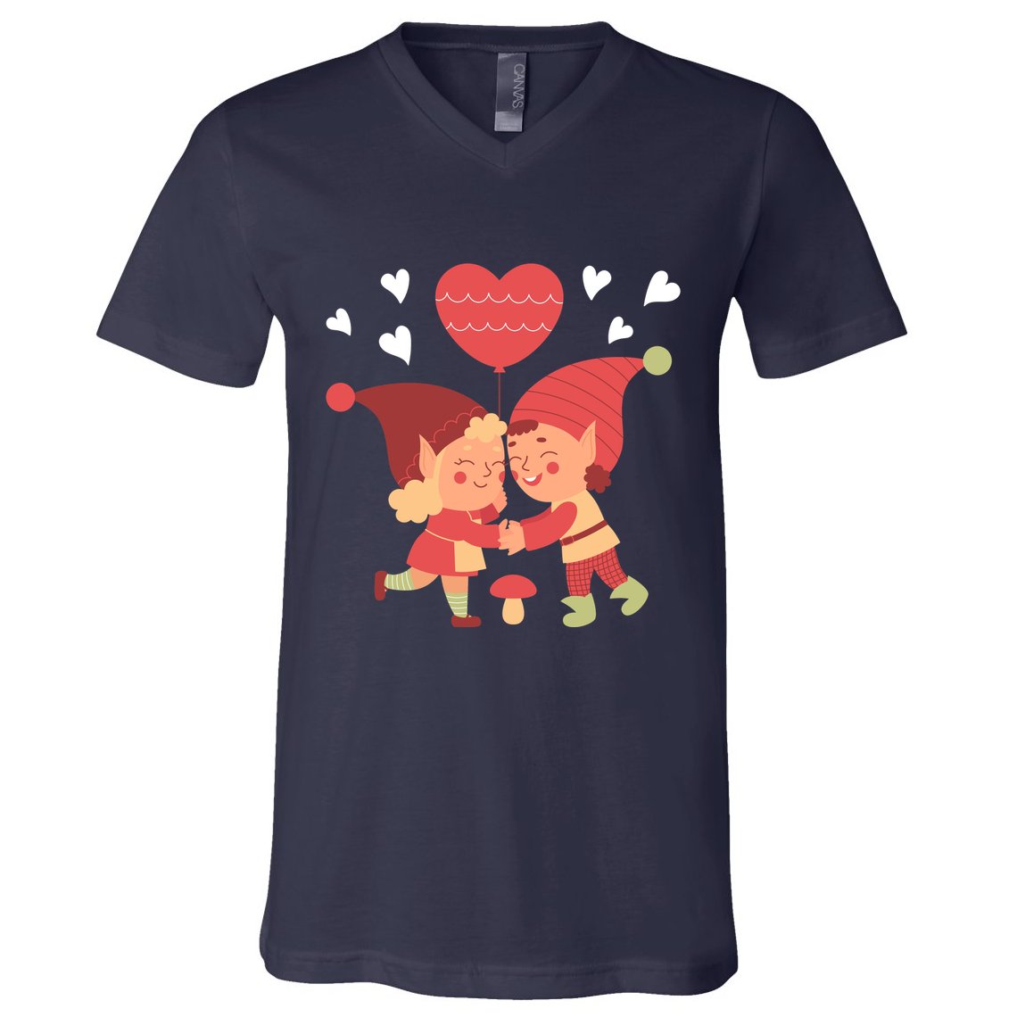 Gnomes In Love Holding Onto A Heart Balloon Happy Valentines Day V-Neck T-Shirt