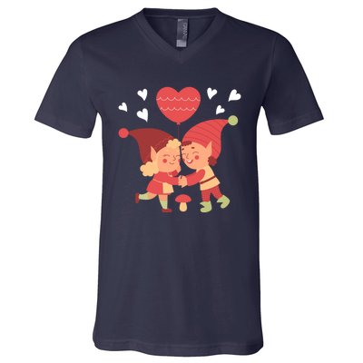 Gnomes In Love Holding Onto A Heart Balloon Happy Valentines Day V-Neck T-Shirt