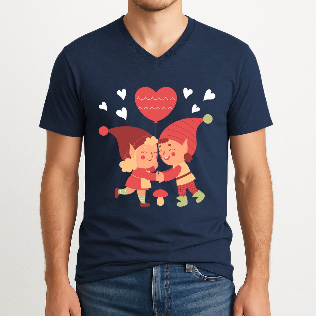Gnomes In Love Holding Onto A Heart Balloon Happy Valentines Day V-Neck T-Shirt