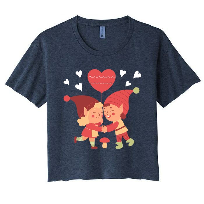 Gnomes In Love Holding Onto A Heart Balloon Happy Valentines Day Women's Crop Top Tee