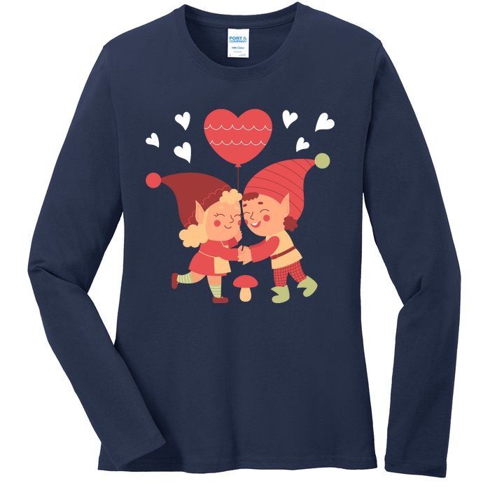 Gnomes In Love Holding Onto A Heart Balloon Happy Valentines Day Ladies Long Sleeve Shirt