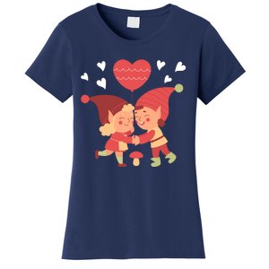 Gnomes In Love Holding Onto A Heart Balloon Happy Valentines Day Women's T-Shirt