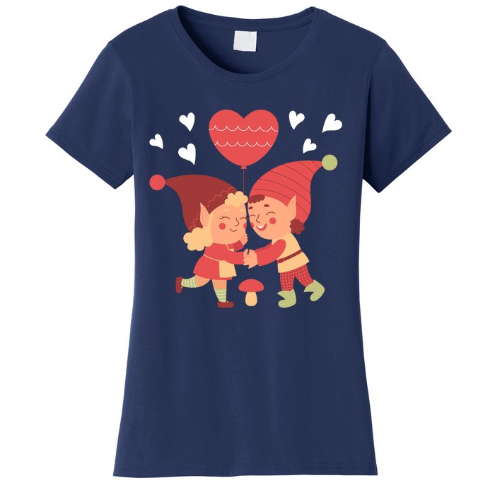 Gnomes In Love Holding Onto A Heart Balloon Happy Valentines Day Women's T-Shirt