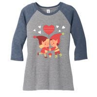 Gnomes In Love Holding Onto A Heart Balloon Happy Valentines Day Women's Tri-Blend 3/4-Sleeve Raglan Shirt