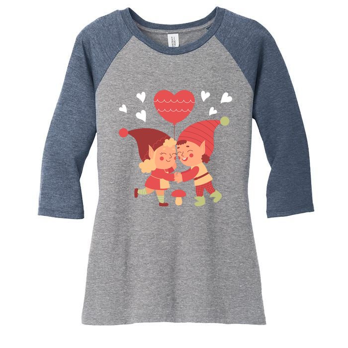 Gnomes In Love Holding Onto A Heart Balloon Happy Valentines Day Women's Tri-Blend 3/4-Sleeve Raglan Shirt