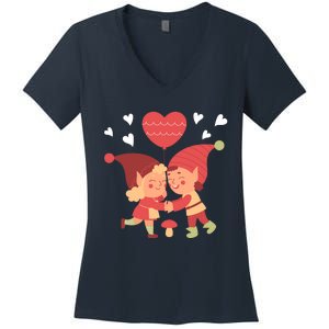 Gnomes In Love Holding Onto A Heart Balloon Happy Valentines Day Women's V-Neck T-Shirt