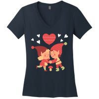 Gnomes In Love Holding Onto A Heart Balloon Happy Valentines Day Women's V-Neck T-Shirt