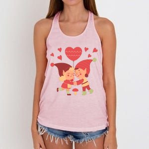 Gnomes In Love Holding Onto A Heart Balloon Happy Valentines Day Women's Knotted Racerback Tank