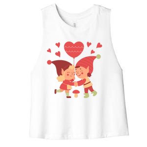 Gnomes In Love Holding Onto A Heart Balloon Happy Valentines Day Women's Racerback Cropped Tank