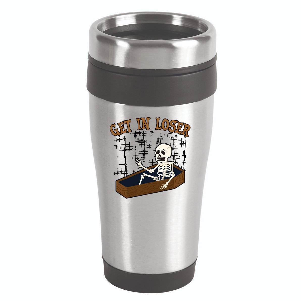 Get In Loser Funny Skeleton Halloween 16oz Travel Tumbler