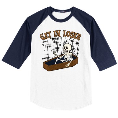 Get In Loser Funny Skeleton Halloween Baseball Sleeve Shirt