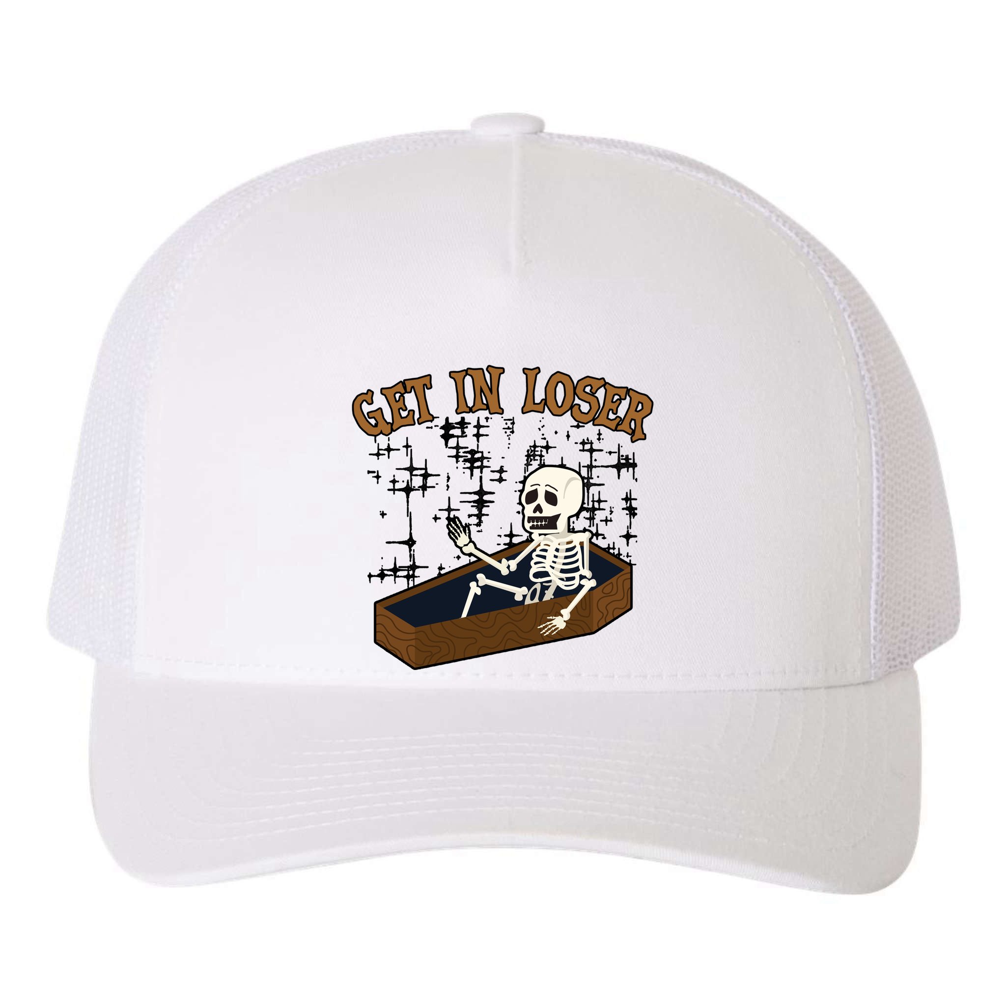 Get In Loser Funny Skeleton Halloween Yupoong Adult 5-Panel Trucker Hat