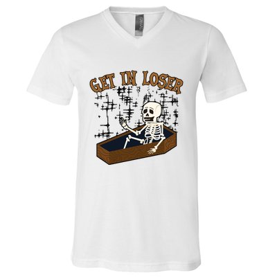 Get In Loser Funny Skeleton Halloween V-Neck T-Shirt