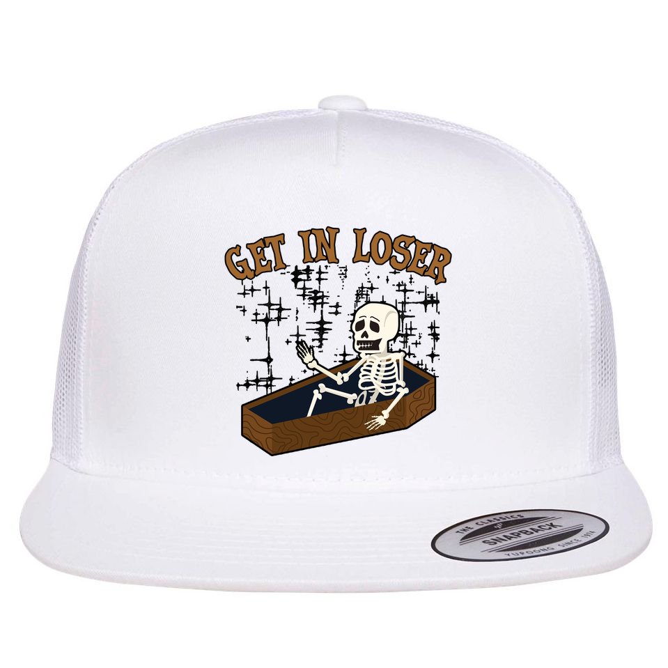 Get In Loser Funny Skeleton Halloween Flat Bill Trucker Hat