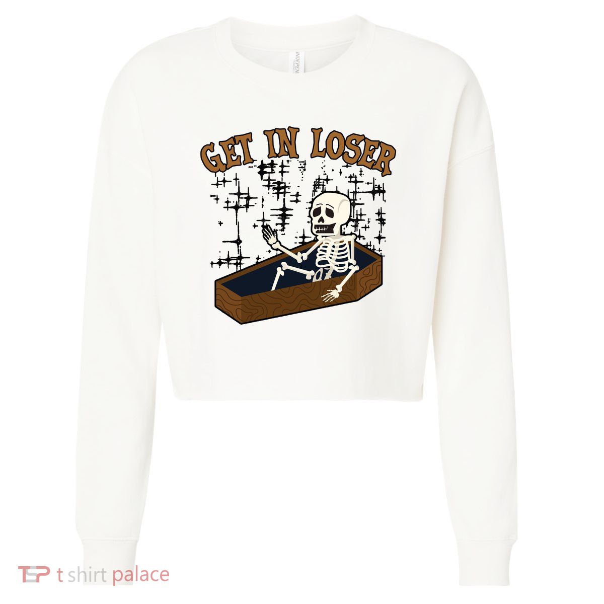 Get In Loser Funny Skeleton Halloween Cropped Pullover Crew