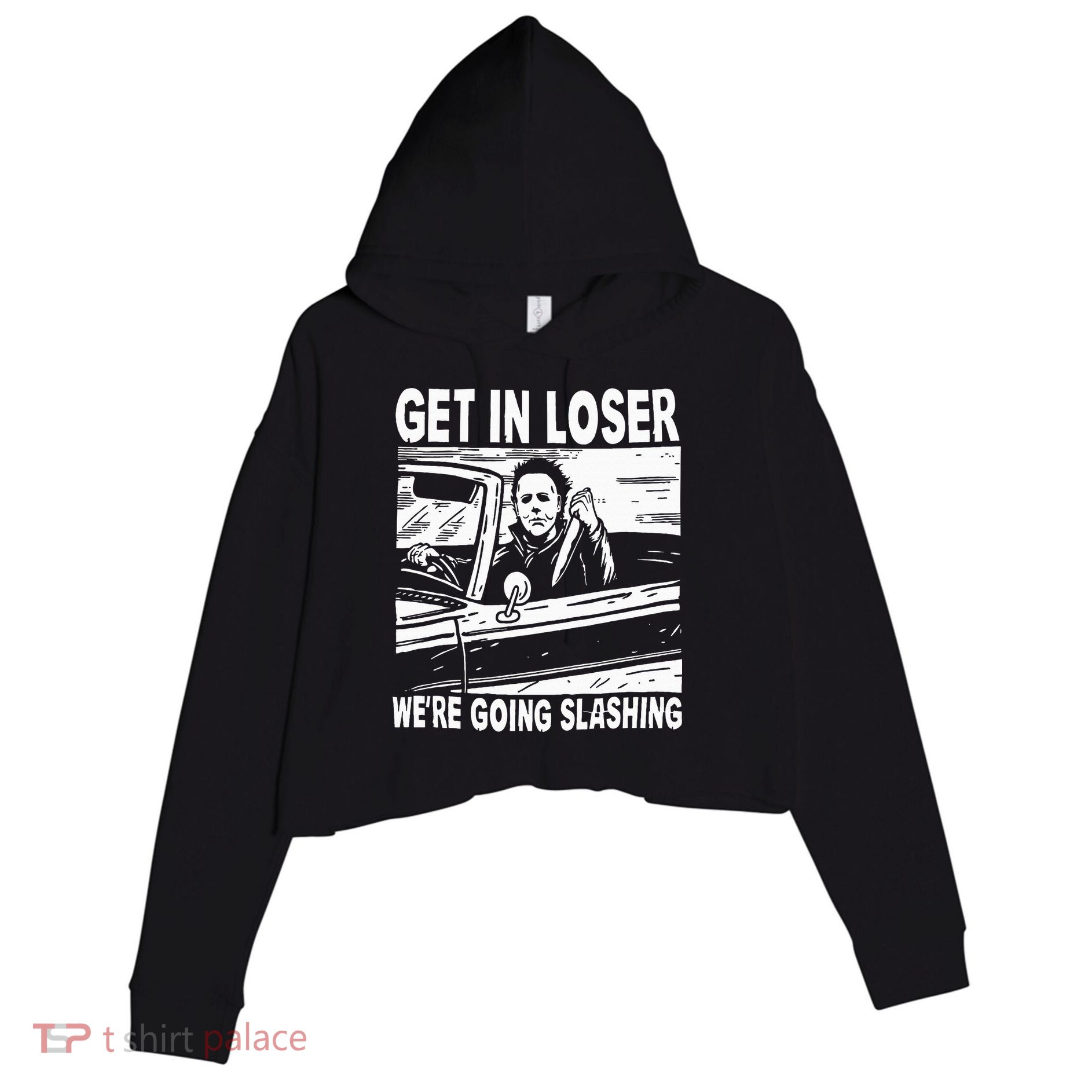 Get In Loser We're Going Slashing Horror Character Halloween Crop Fleece Hoodie