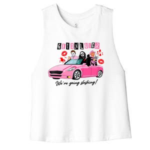 Get In Loser Were Going Slashing Pink Car Horror Character Women's Racerback Cropped Tank