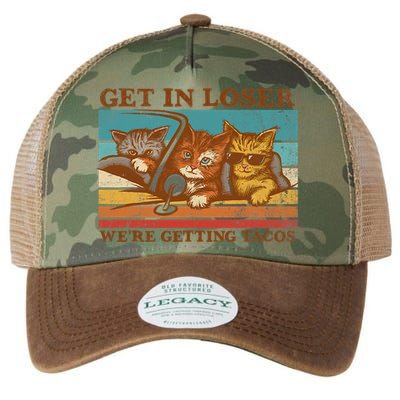 Get In Loser We're Getting Tacos Funny Retro Vintage Cool Cat Legacy Tie Dye Trucker Hat