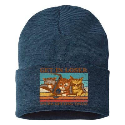 Get In Loser We're Getting Tacos Funny Retro Vintage Cool Cat Sustainable Knit Beanie