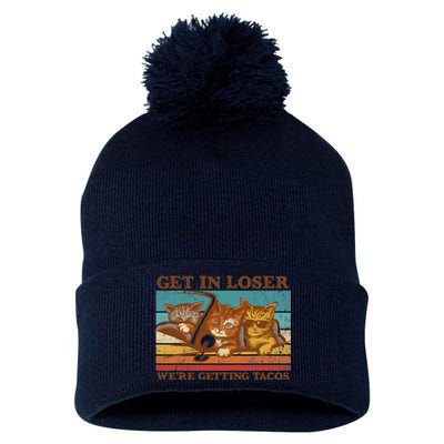 Get In Loser We're Getting Tacos Funny Retro Vintage Cool Cat Pom Pom 12in Knit Beanie