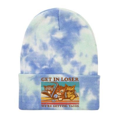 Get In Loser We're Getting Tacos Funny Retro Vintage Cool Cat Tie Dye 12in Knit Beanie