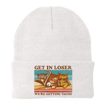 Get In Loser We're Getting Tacos Funny Retro Vintage Cool Cat Knit Cap Winter Beanie