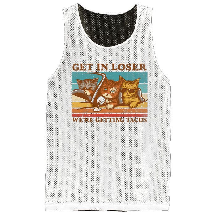 Get In Loser We're Getting Tacos Funny Retro Vintage Cool Cat Mesh Reversible Basketball Jersey Tank