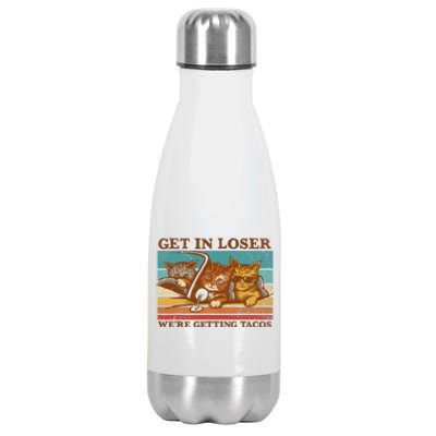 Get In Loser We're Getting Tacos Funny Retro Vintage Cool Cat Stainless Steel Insulated Water Bottle