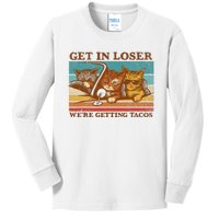 Get In Loser We're Getting Tacos Funny Retro Vintage Cool Cat Kids Long Sleeve Shirt