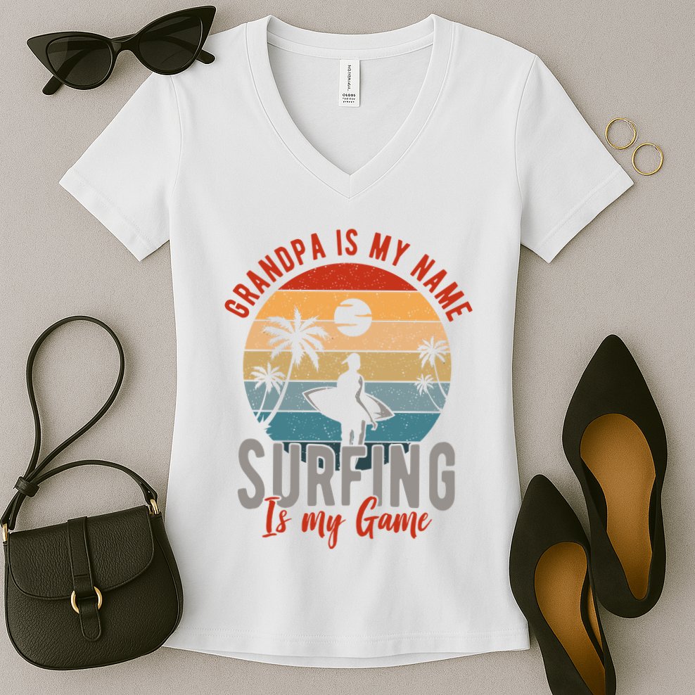 Grandpa Is My Name Surfing Is My Game Women's V-Neck T-Shirt