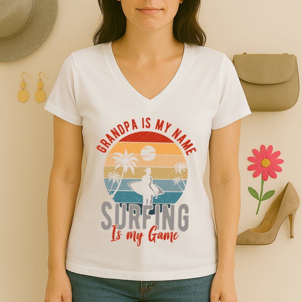 Grandpa Is My Name Surfing Is My Game Women's V-Neck T-Shirt