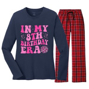 Groovy In My 8th Birthday Era Eight 8 Years Old Birthday Women's Long Sleeve Flannel Pajama Set 