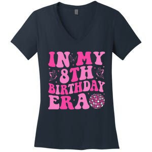 Groovy In My 8th Birthday Era Eight 8 Years Old Birthday Women's V-Neck T-Shirt