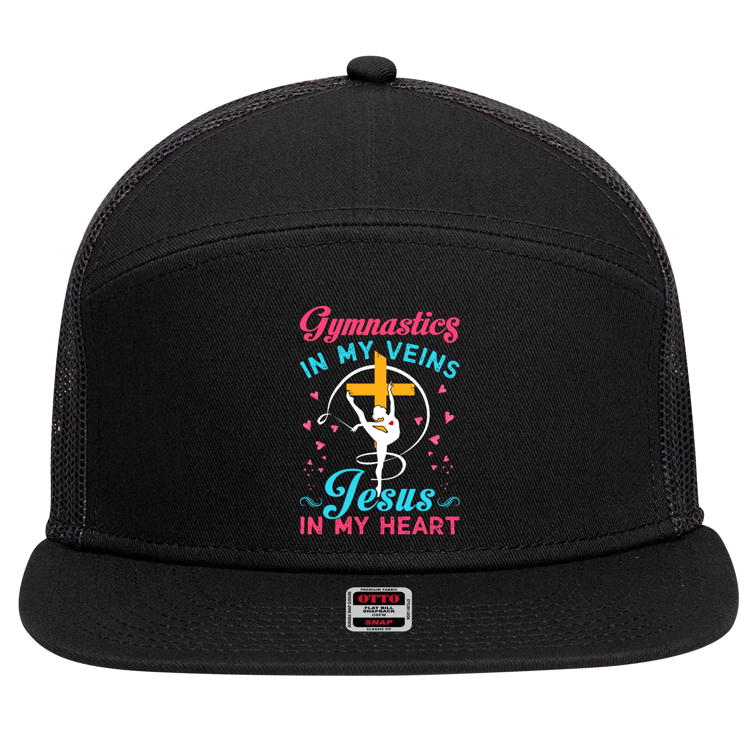 Gymnastics In My Veins Jesus In My Heart Funny Gift 7 Panel Mesh Trucker Snapback Hat