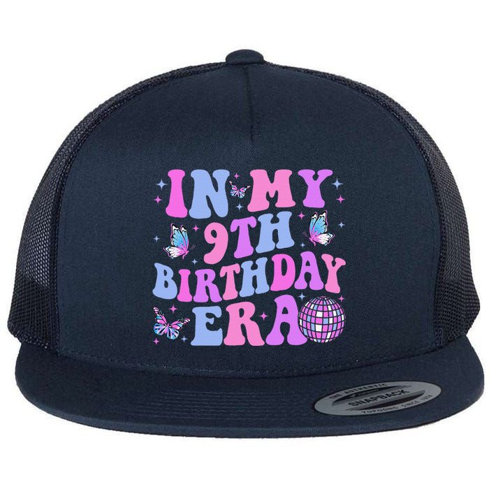 Groovy In My 9th Birthday Era Nine 9 Years Old Birthday Flat Bill Trucker Hat