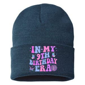 Groovy In My 9th Birthday Era Nine 9 Years Old Birthday Sustainable Knit Beanie