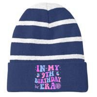 Groovy In My 9th Birthday Era Nine 9 Years Old Birthday Striped Beanie with Solid Band